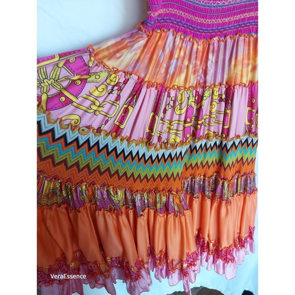 Ginger & Java Fun Fiesta Full Mix Pattern Multicolor Tiered Boho Gypsy Dress - Picture 8 of 9